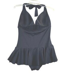 Chaps Swimsuit Womens 10 Black Halter Neck Ruffle Skirt One Piece